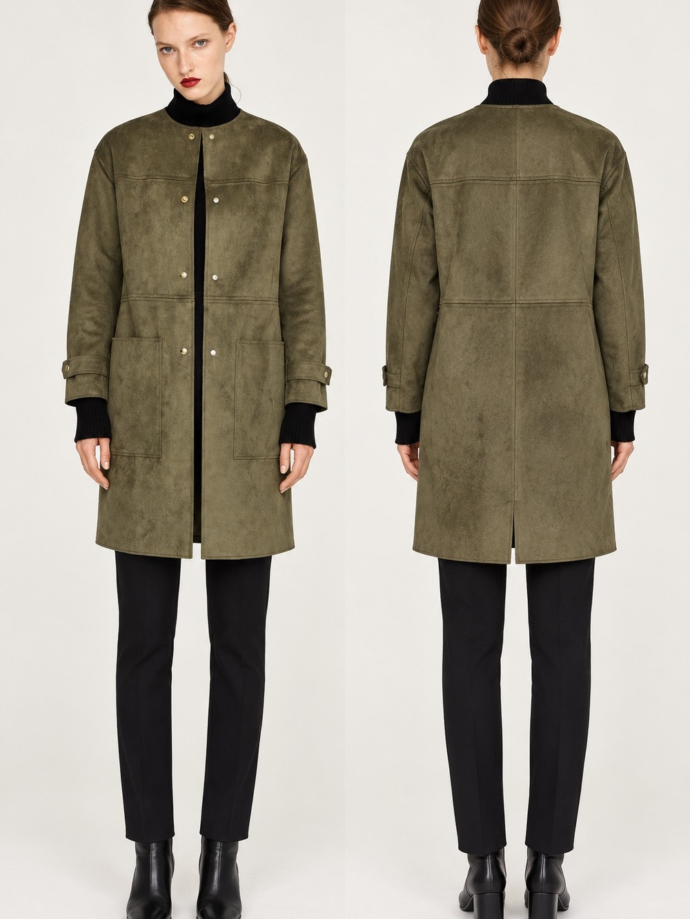 Tahari Olive Green Faux Suede Collarless Snap Front Long Jacket Fits M